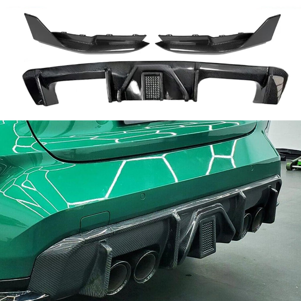 Rear Diffuser Lip Compatibility with 2021-2023 G80 M3 G82 G83 M4 Rear Bumper Diffuser W/Light + Corner Extension Spiltter Carbon Fiber Style
