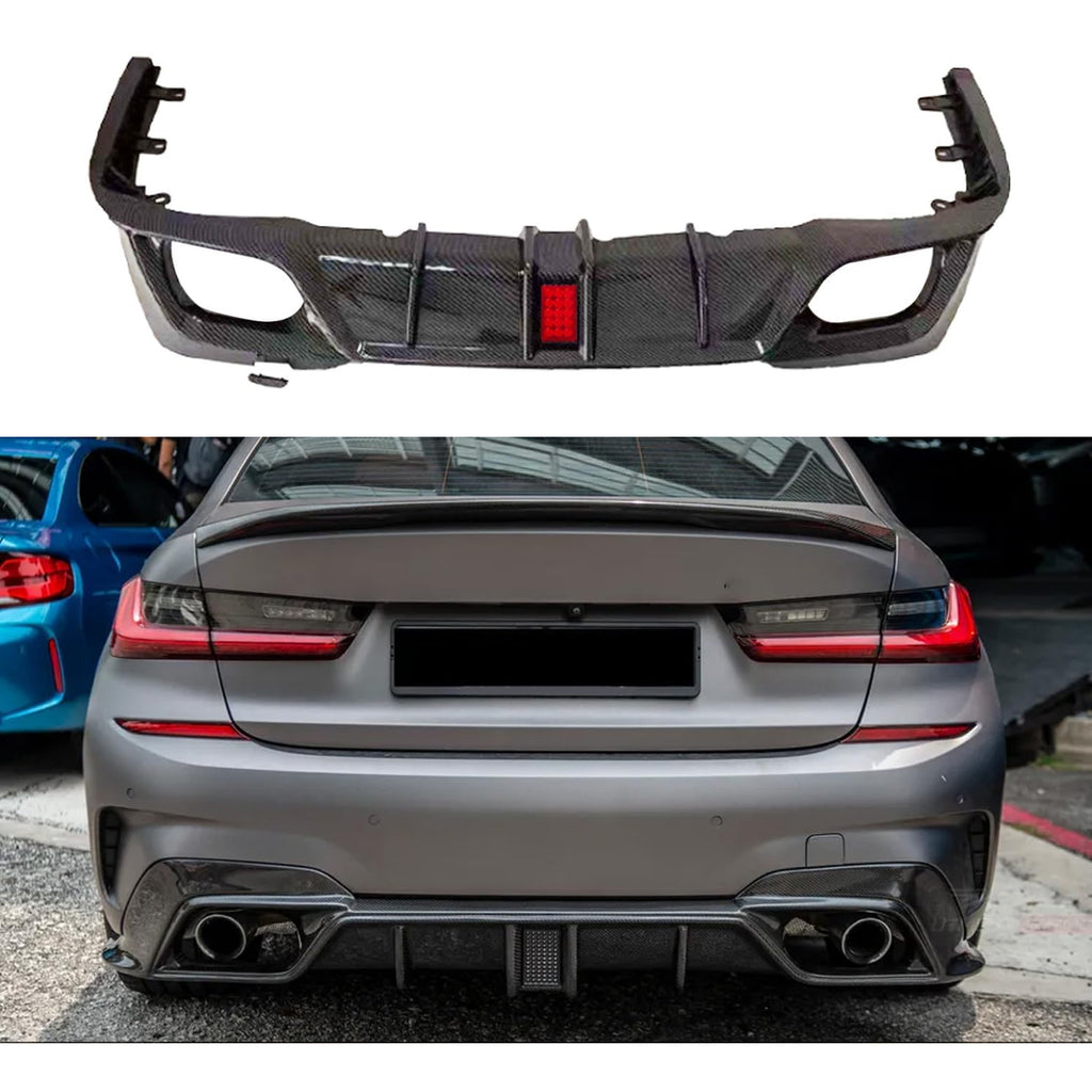 Rear Diffuser Lip Compatibility with 2019-2022 3 Series G20 330i M340i Sport Rear Bumper Diffuser Lip Spoiler with LED Light Carbon Fiber