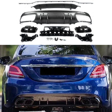 Load image into Gallery viewer, Rear Diffuser Compatibility with 2015-2021 C Class W205 AMG Sedan C300 C43 C63 4Door C63 Style Rear Bumper Chin Diffuser Lip Spoiler + Exhaust (Carbon Fiber Style)