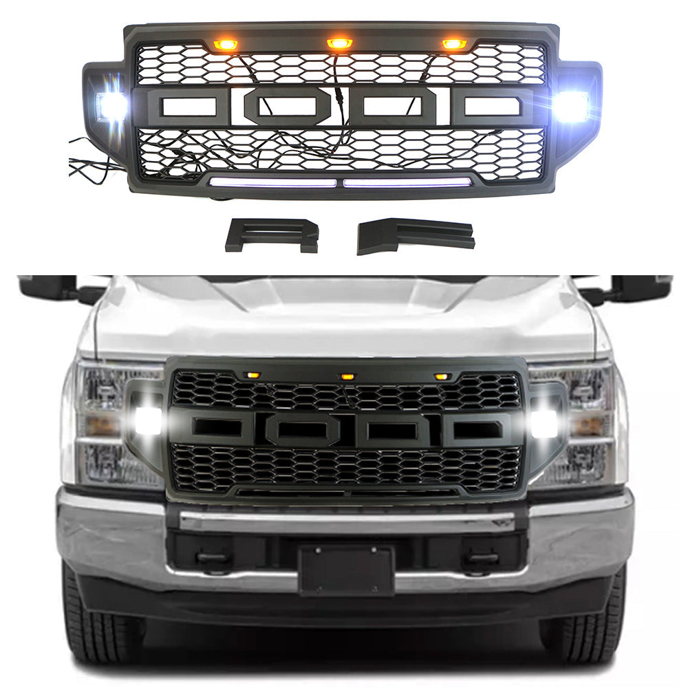 Front Grille For 2021 2022 Ford F150 Front Mesh Grilles W/3 LED Lights & Side Lights Black