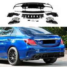 Load image into Gallery viewer, Rear Diffuser Compatibility with 2015-2021 C Class W205 AMG Sedan C300 C43 C63 4Door C63 Style Rear Bumper Chin Diffuser Lip Spoiler + Exhaust (Gloss Black)