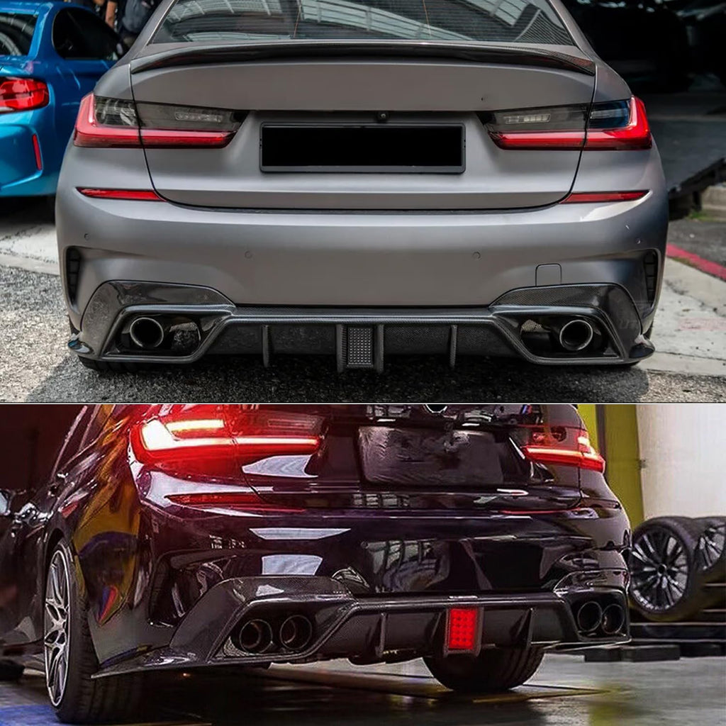 Rear Diffuser Lip Compatibility with 2019-2022 3 Series G20 330i M340i Sport Rear Bumper Diffuser Lip Spoiler with LED Light Carbon Fiber