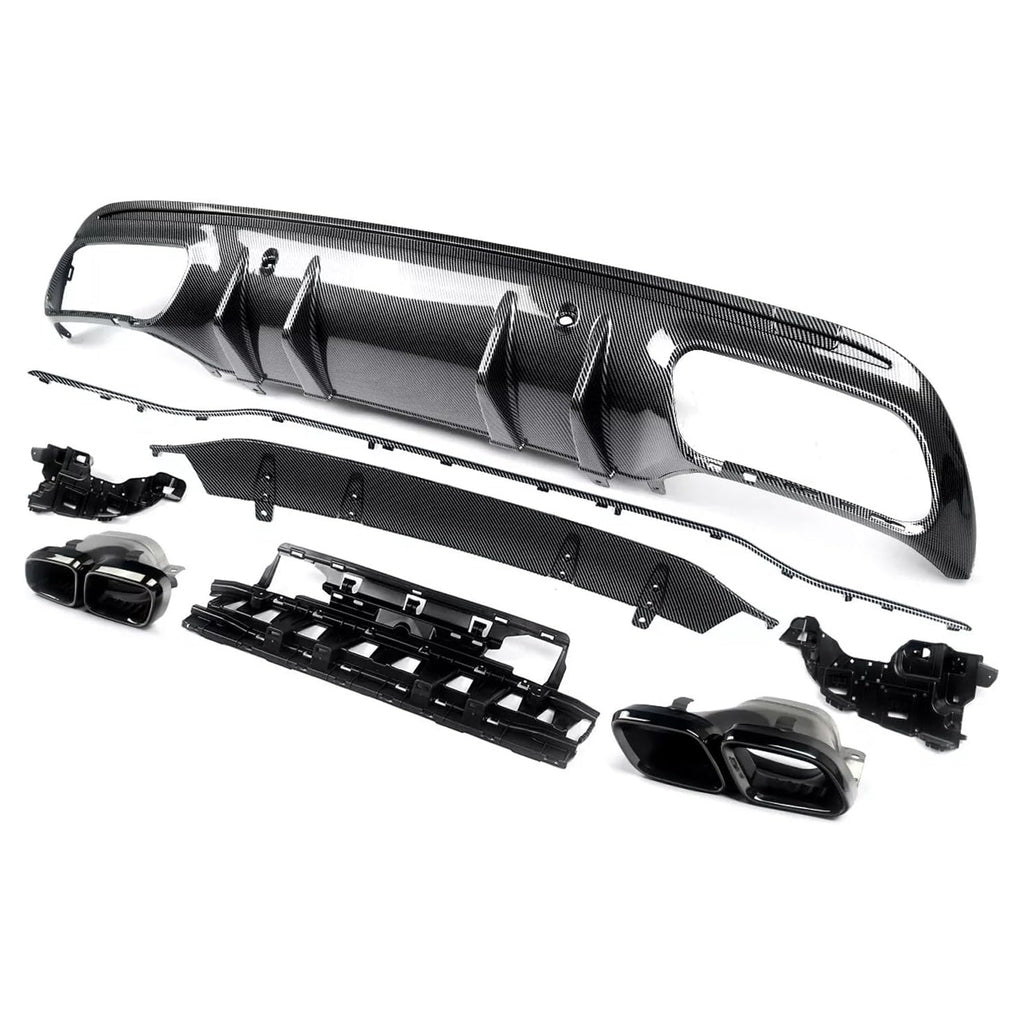 Rear Diffuser Compatibility with 2015-2021 C Class W205 AMG Sedan C300 C43 C63 4Door C63 Style Rear Bumper Chin Diffuser Lip Spoiler + Exhaust (Carbon Fiber Style)
