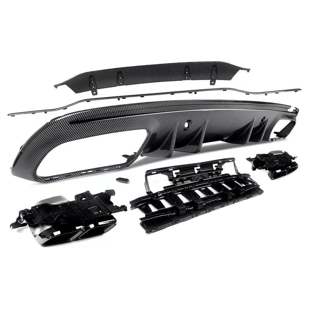 Rear Diffuser Compatibility with 2015-2021 C Class W205 AMG Sedan C300 C43 C63 4Door C63 Style Rear Bumper Chin Diffuser Lip Spoiler + Exhaust (Carbon Fiber Style)