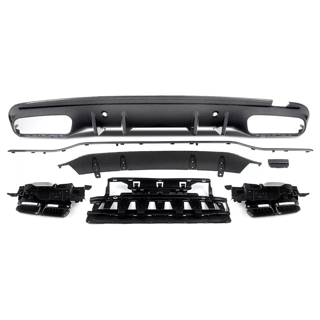 Rear Diffuser Compatibility with 2015-2021 C Class W205 AMG Sedan C300 C43 C63 4Door C63 Style Rear Bumper Chin Diffuser Lip Spoiler + Exhaust (Carbon Fiber Style)