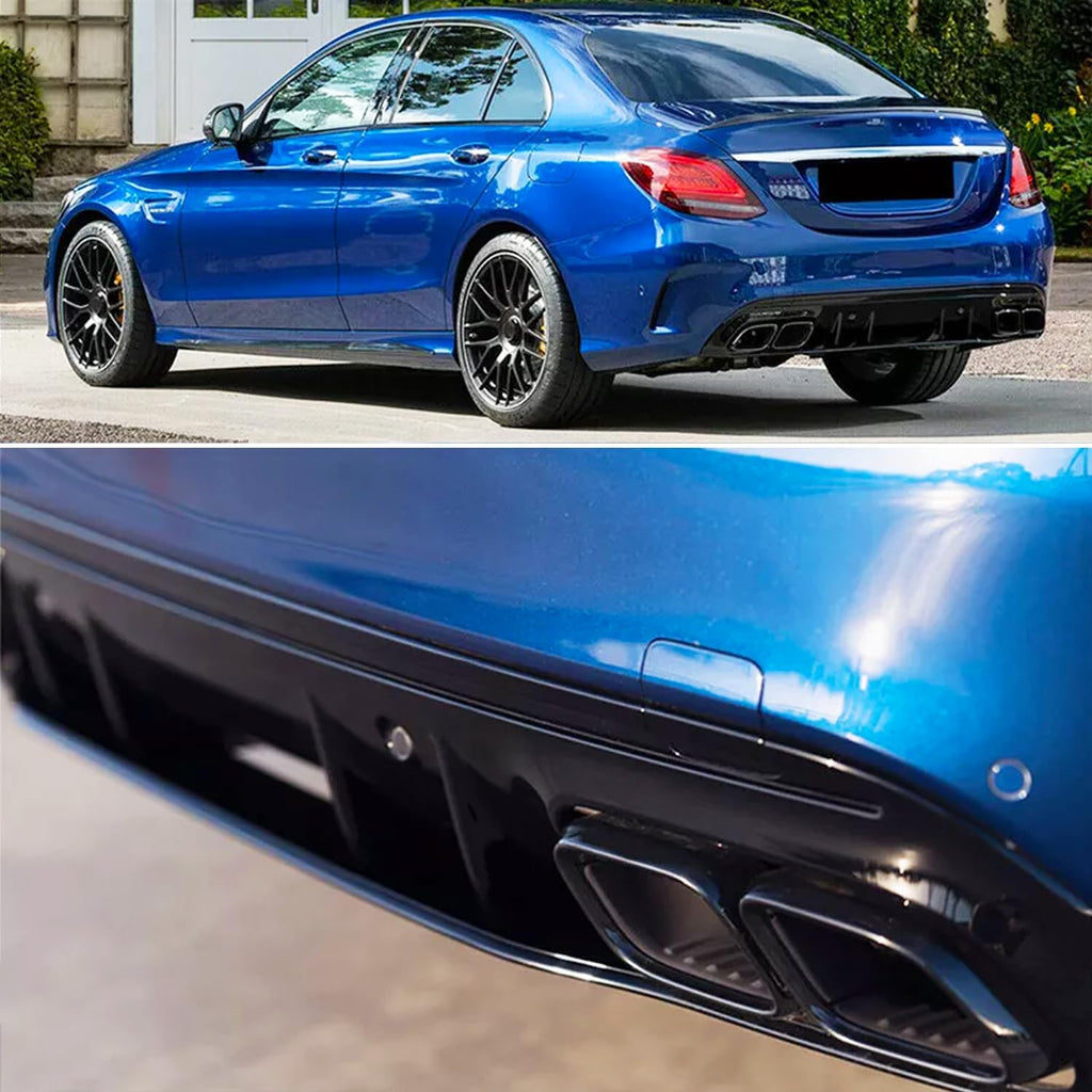 Rear Diffuser Compatibility with 2015-2021 C Class W205 AMG Sedan C300 C43 C63 4Door C63 Style Rear Bumper Chin Diffuser Lip Spoiler + Exhaust (Gloss Black)