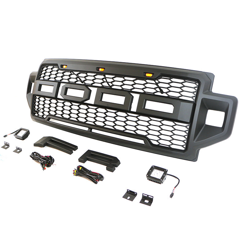 Front Grille For 2021 2022 Ford F150 Front Mesh Grilles W/3 LED Lights & Side Lights Black