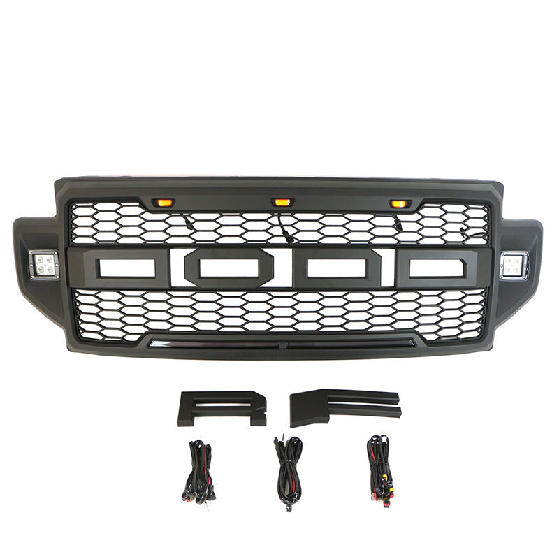 Front Grille For 2021 2022 Ford F150 Front Mesh Grilles W/3 LED Lights & Side Lights Black