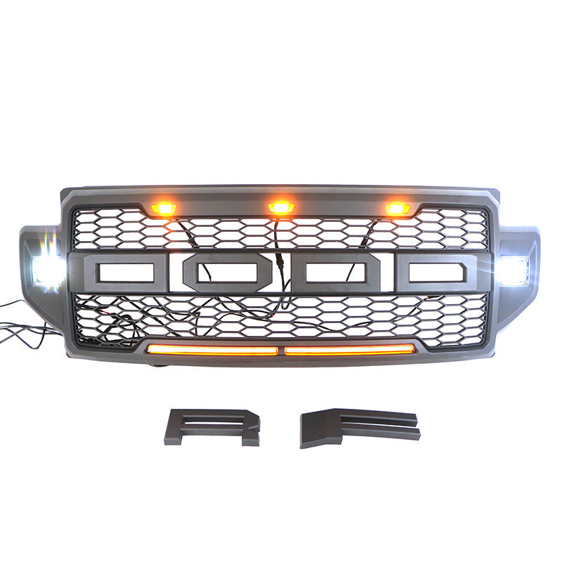 Front Grille For 2021 2022 Ford F150 Front Mesh Grilles W/3 LED Lights & Side Lights Black