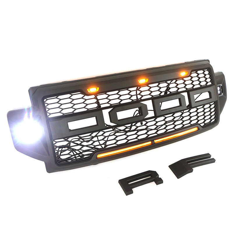 Front Grille For 2021 2022 Ford F150 Front Mesh Grilles W/3 LED Lights & Side Lights Black