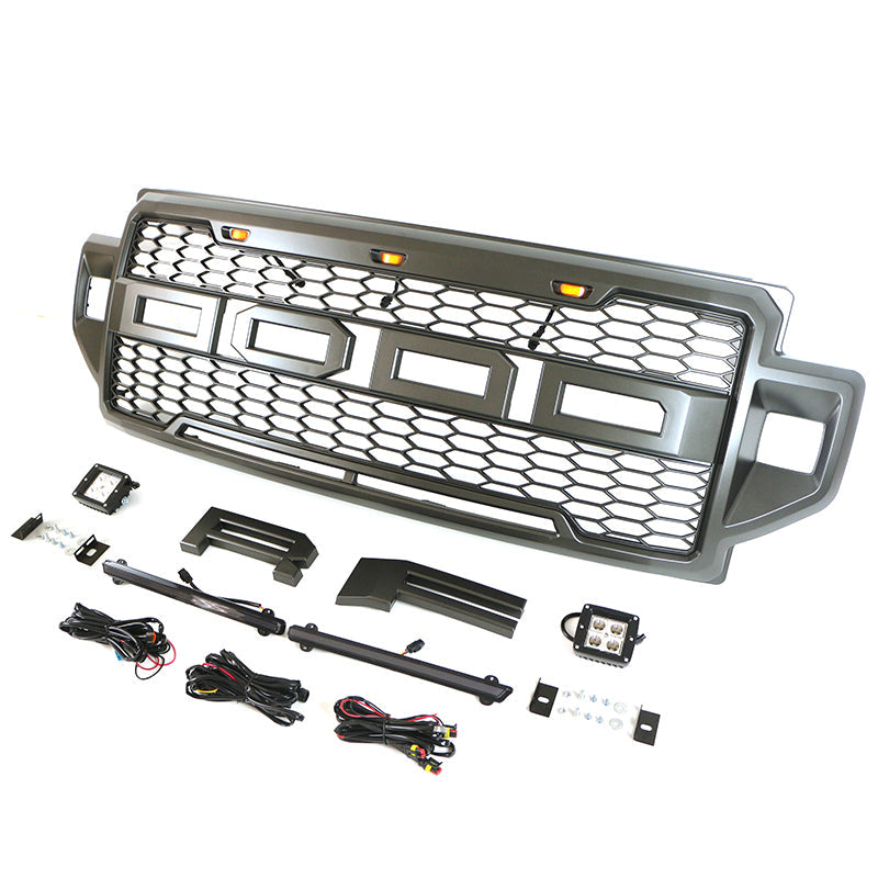 Front Grille For 2021 2022 Ford F150 Front Mesh Grilles W/3 LED Lights & Side Lights Black
