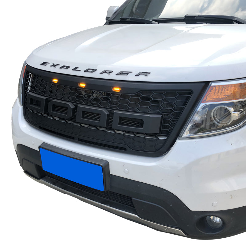 Front Grille For 2011 2012 2013 2014 2015 Ford Explorer Front Mesh Grille Grill Honeycomb Cover W/3 Lights Black