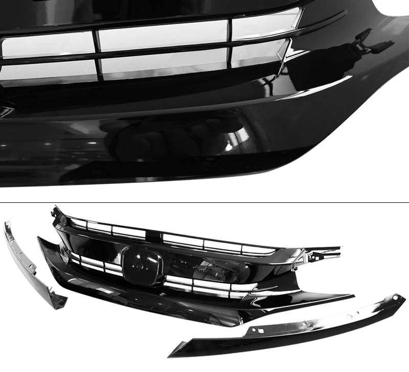 Fits 2016 2017 2018 2019 2020 2021 Honda Civic 10th Gen OE Gloss Black Front Bumper Hood Mesh Grille