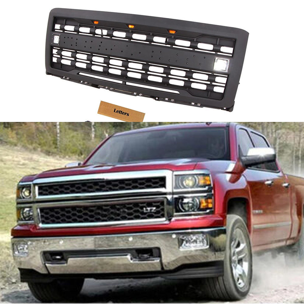 Front Grille for 2014-2015 Chevrolet Silverado 1500 Grills Grill Cover W/3 LED Lights and Cube Lights Black