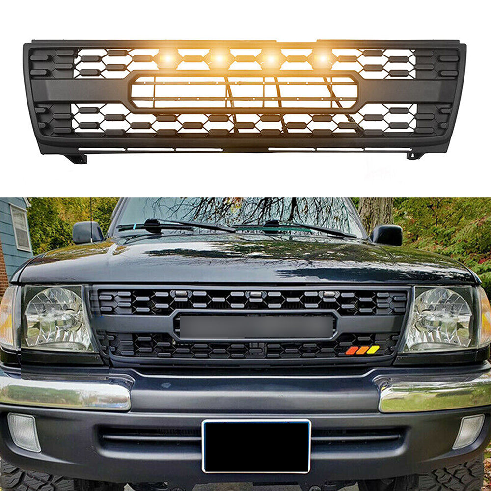 Front Grille For 1997 1998 1999 2000 Toyota Tacoma Bumper Grills Grill Cover W/4 LED Light Black