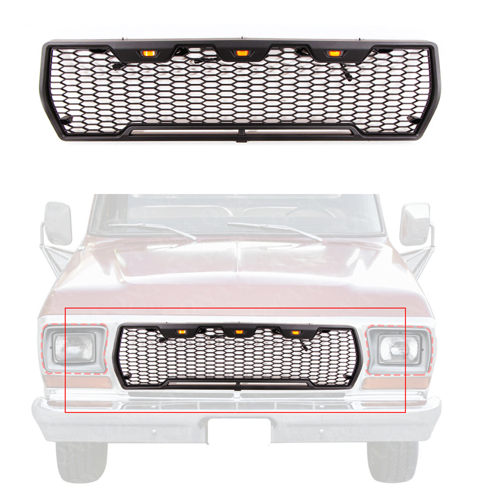 Front Grille For 1978 1979 Ford Bronco F150 Bumper Grill Replacement Grilles W/3 Lights Black