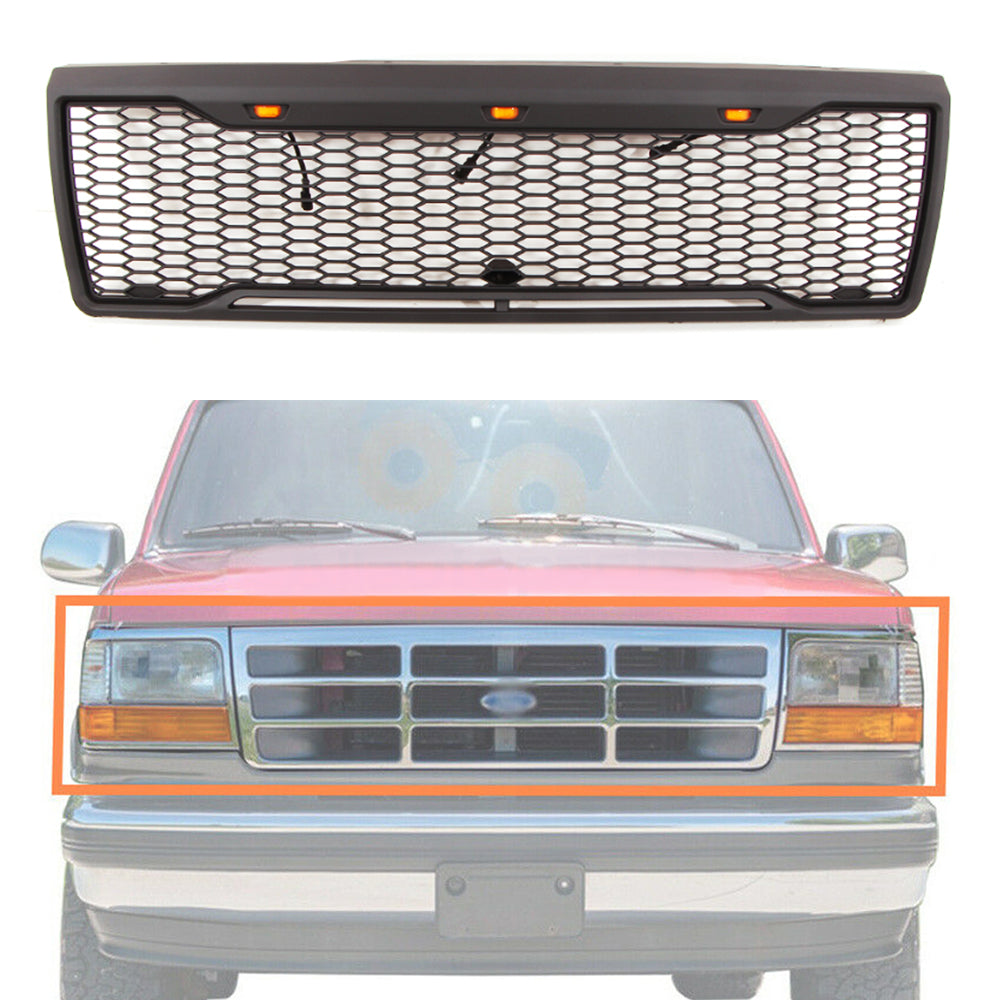 Front Grille For 1992 1993 1994 1995 1996 Ford Bronco F150 Front Bumper Grill Replacement Grilles W/3 Led Lights Black