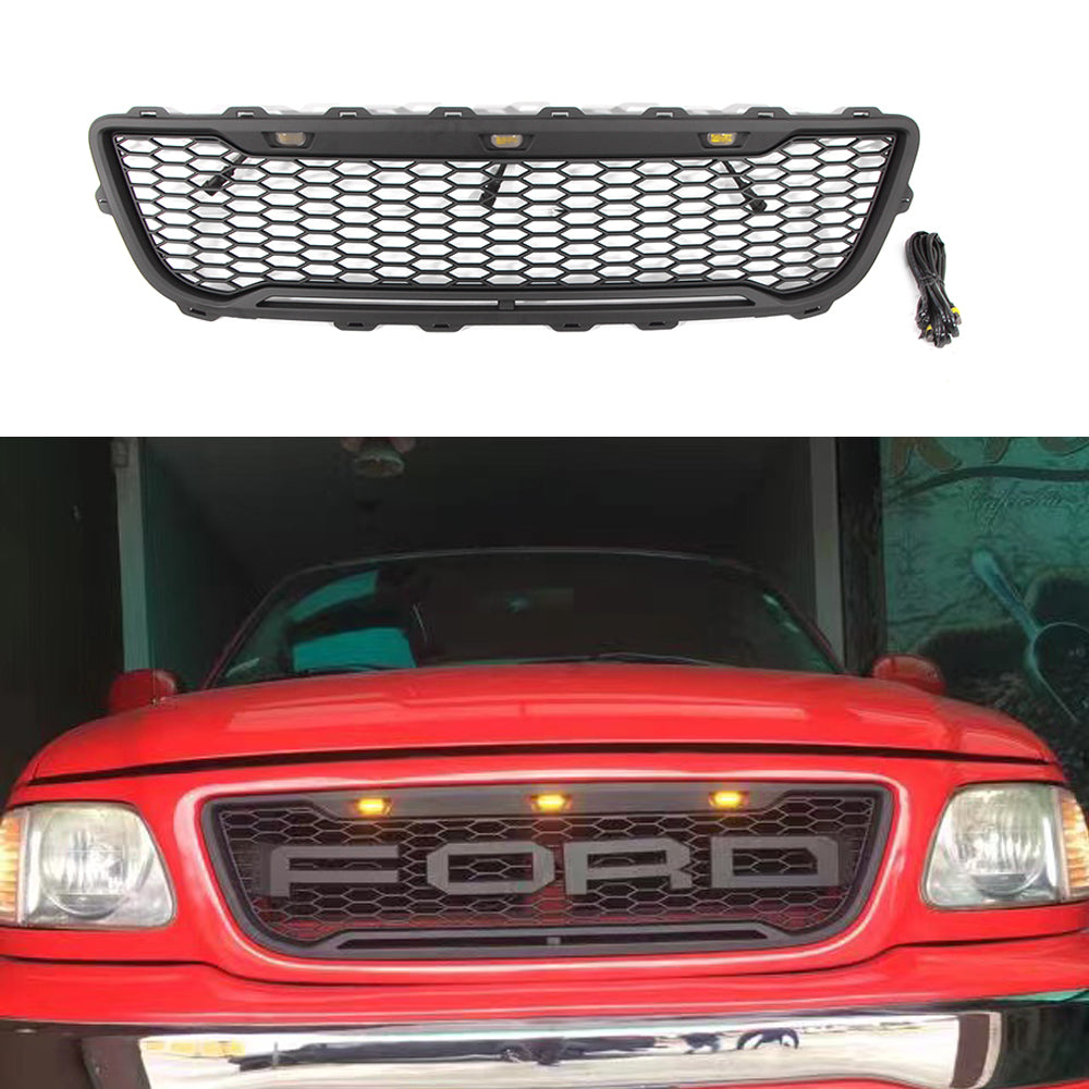 Front Grille For 1999-2003 Ford F150 Bumper Grills Grill Cover W/3 LED Light Black