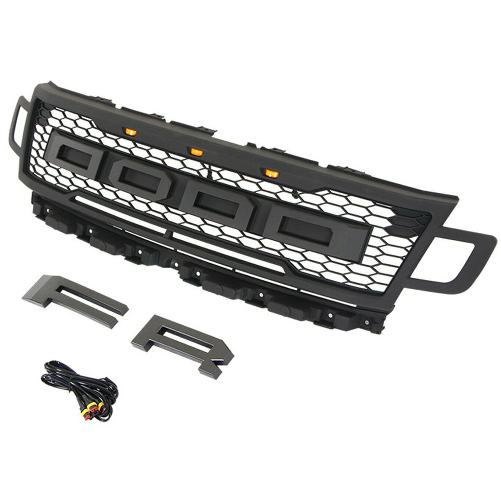 Front Grille For 2018 2019 2020 2021 Ford Expedition Mesh Grill Honeycomb Replacement Grilles W/Lights Black