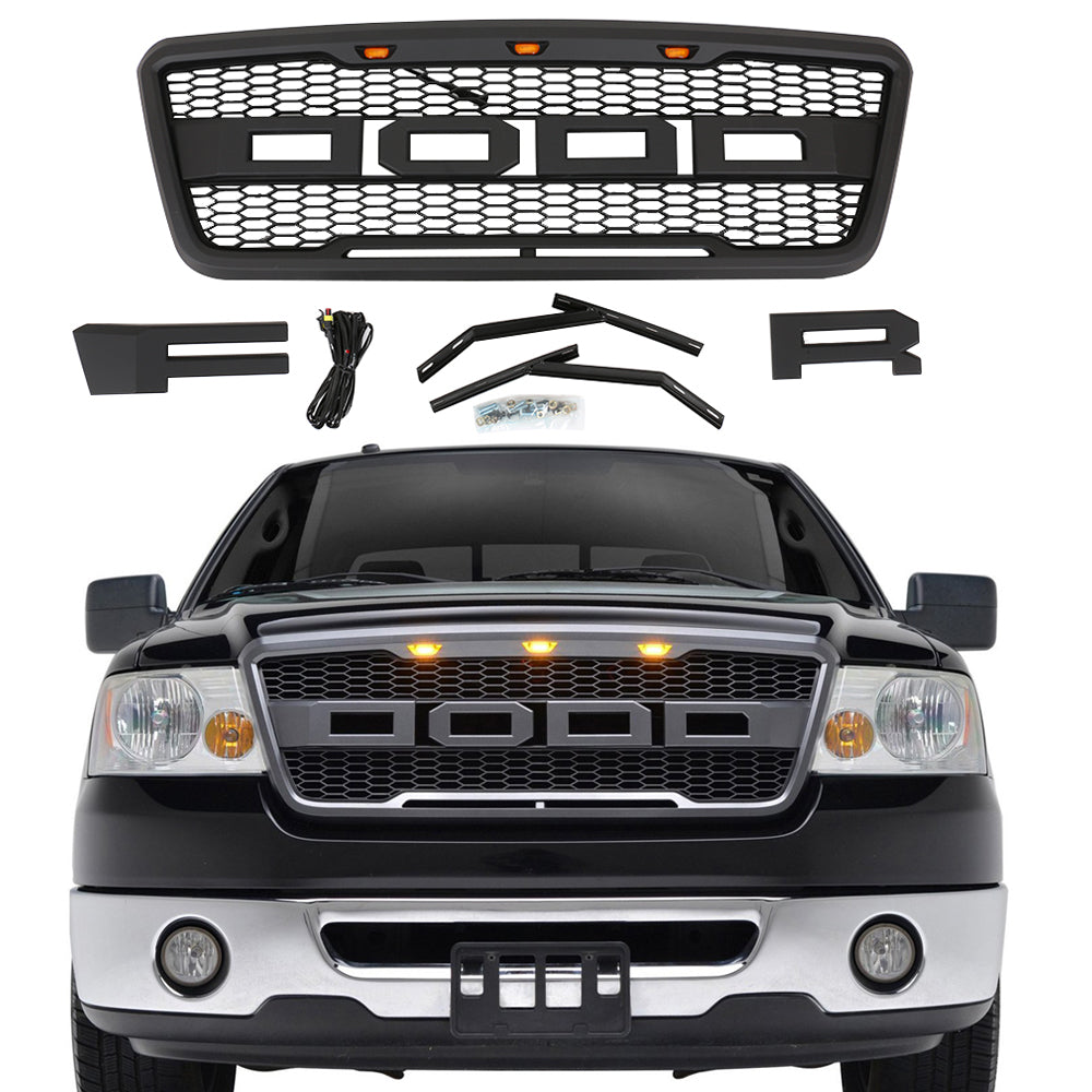Front Grille For 2004 2005 2006 2007 2008 Ford F150 Front Bumper Mesh Grills Replacement Grill W/3 Lights Black