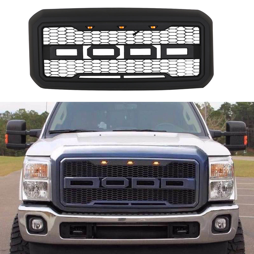 Front Grille For 2011 2012 2013 2014 2015 2016 Ford F250 F350 Super Duty Grill Raptor Style W/3 Lights Black