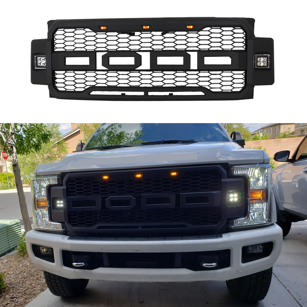 Front Grille For 2017 2018 2019 Ford F250 F350 Super Duty Upper Bumper Grill W/3 Led Lights & Side Light Black