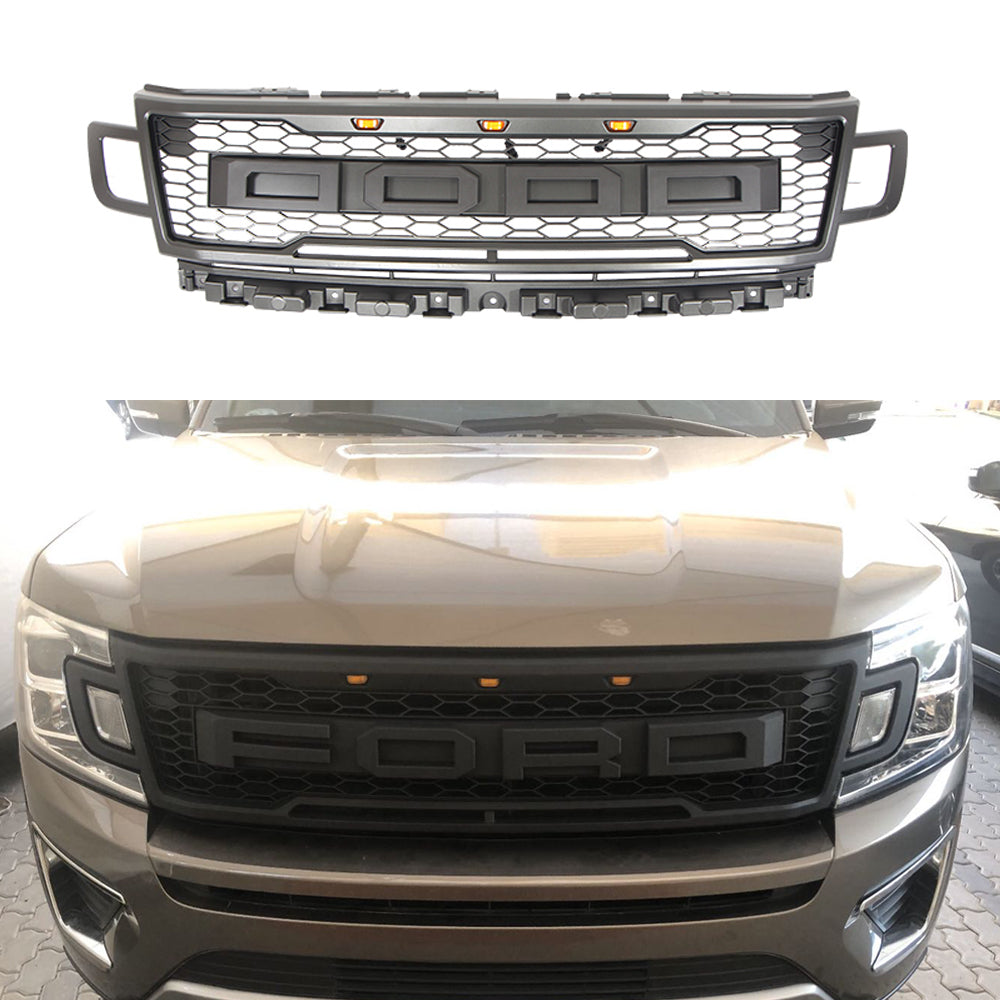 Front Grille For 2018 2019 2020 2021 Ford Expedition Mesh Grill Honeycomb Replacement Grilles W/Lights Black