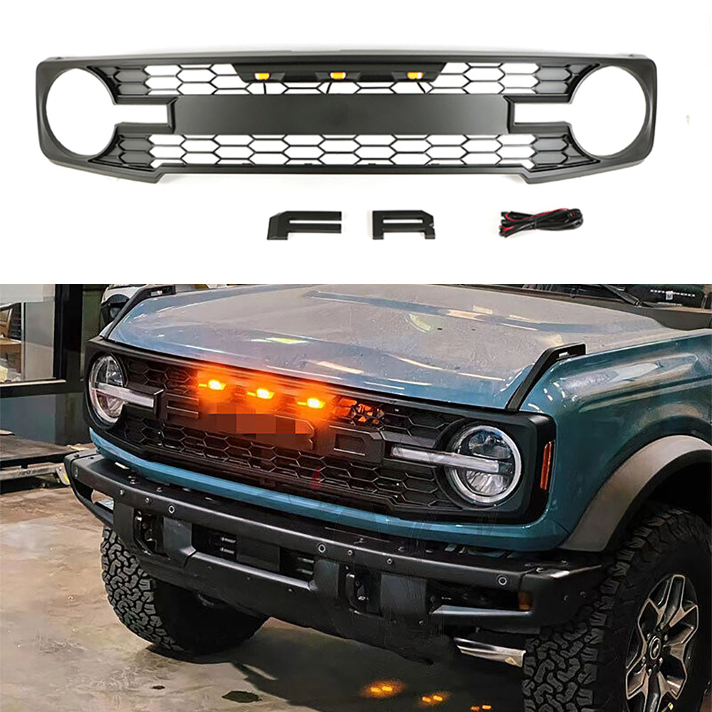 Front Grille For 2021 2022 Ford Bronco Grill Grilles Honeycomb W/Letters & LED Lights Black