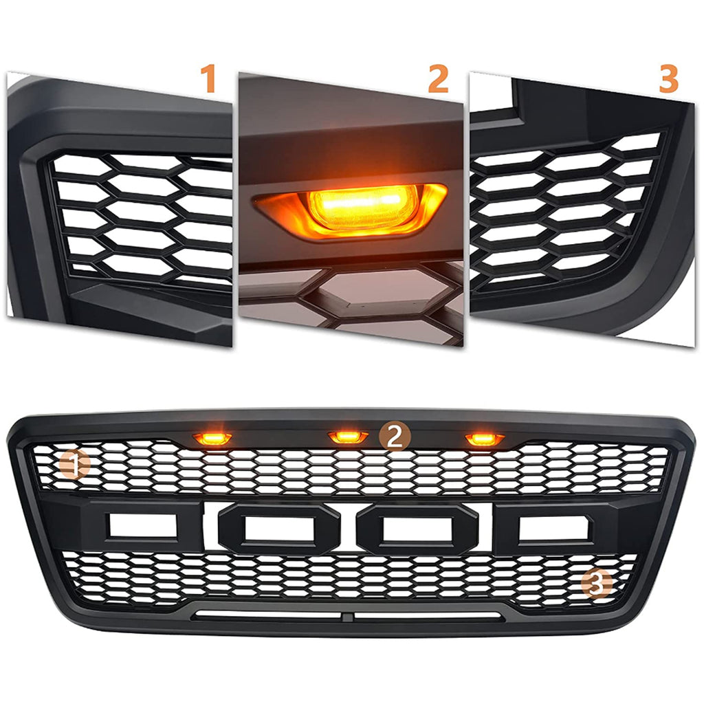 Front Grille For 2004 2005 2006 2007 2008 Ford F150 Front Bumper Mesh Grills Replacement Grill W/3 Lights Black