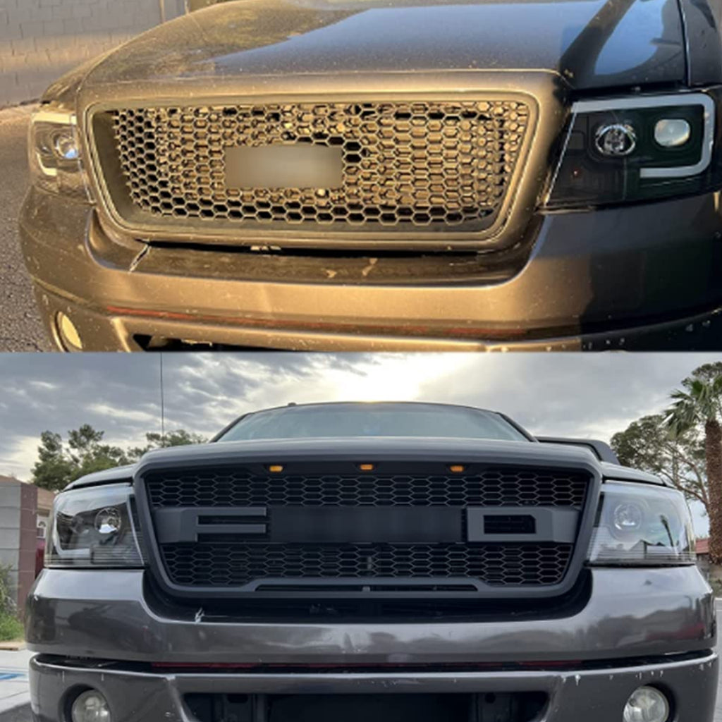 Front Grille For 2004 2005 2006 2007 2008 Ford F150 Front Bumper Mesh Grills Replacement Grill W/3 Lights Black