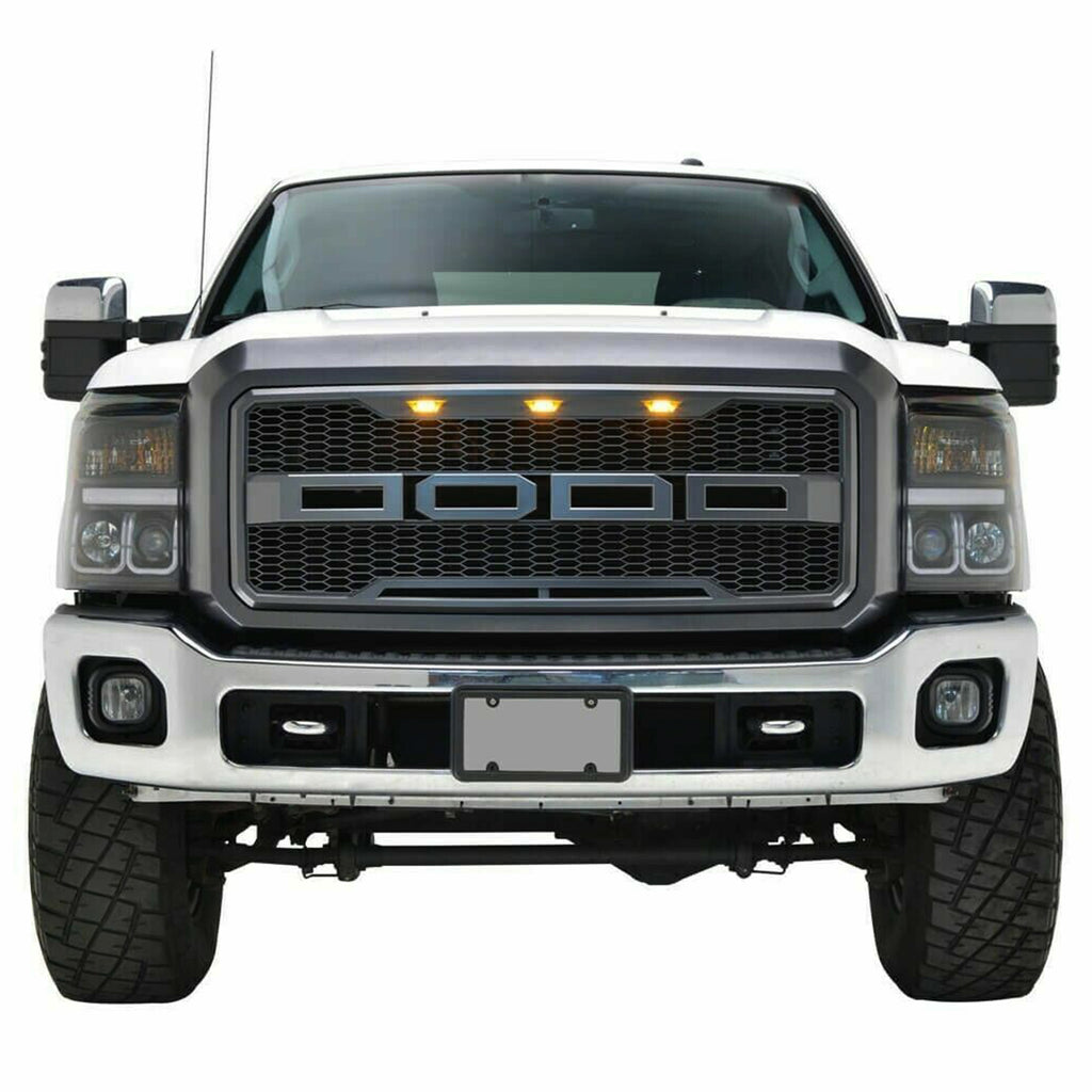 Front Grille For 2011 2012 2013 2014 2015 2016 Ford F250 F350 Super Duty Grill Raptor Style W/3 Lights Black