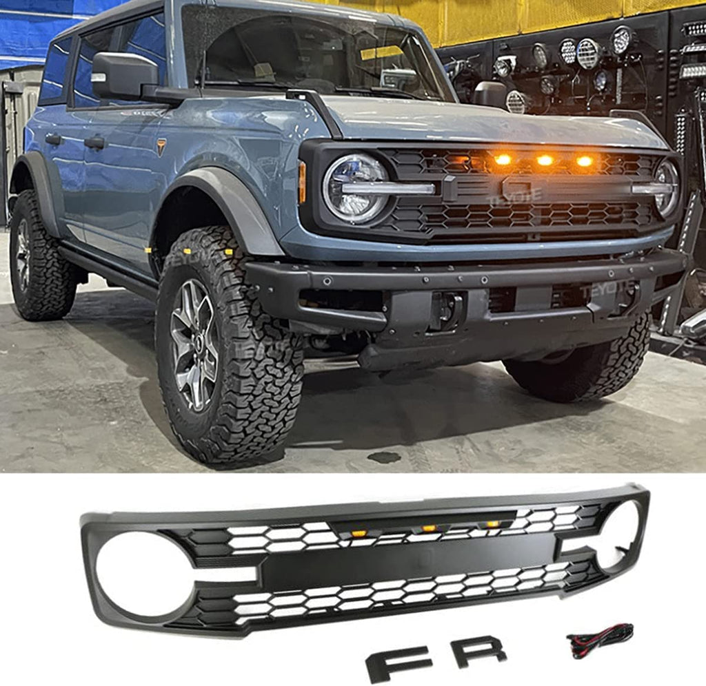 Front Grille For 2021 2022 Ford Bronco Grill Grilles Honeycomb W/Letters & LED Lights Black