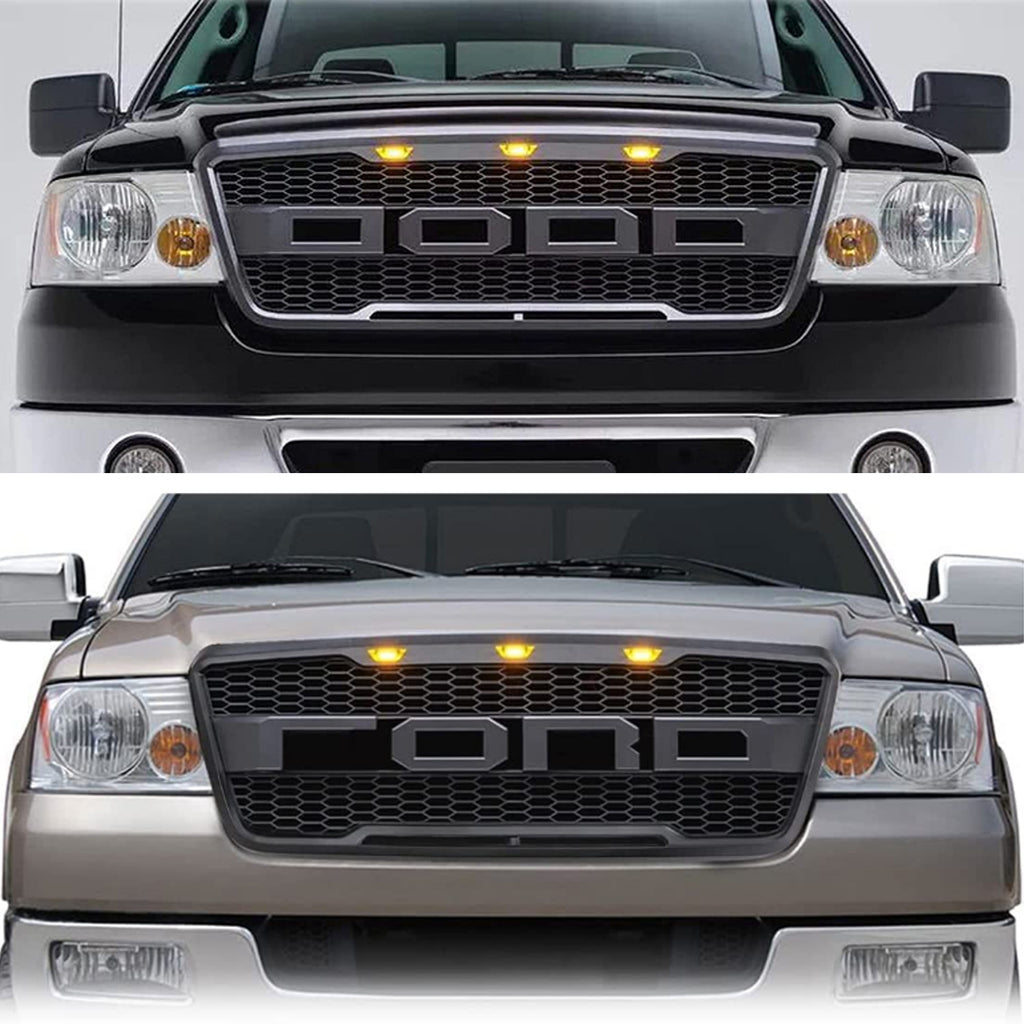 Front Grille For 2004 2005 2006 2007 2008 Ford F150 Front Bumper Mesh Grills Replacement Grill W/3 Lights Black