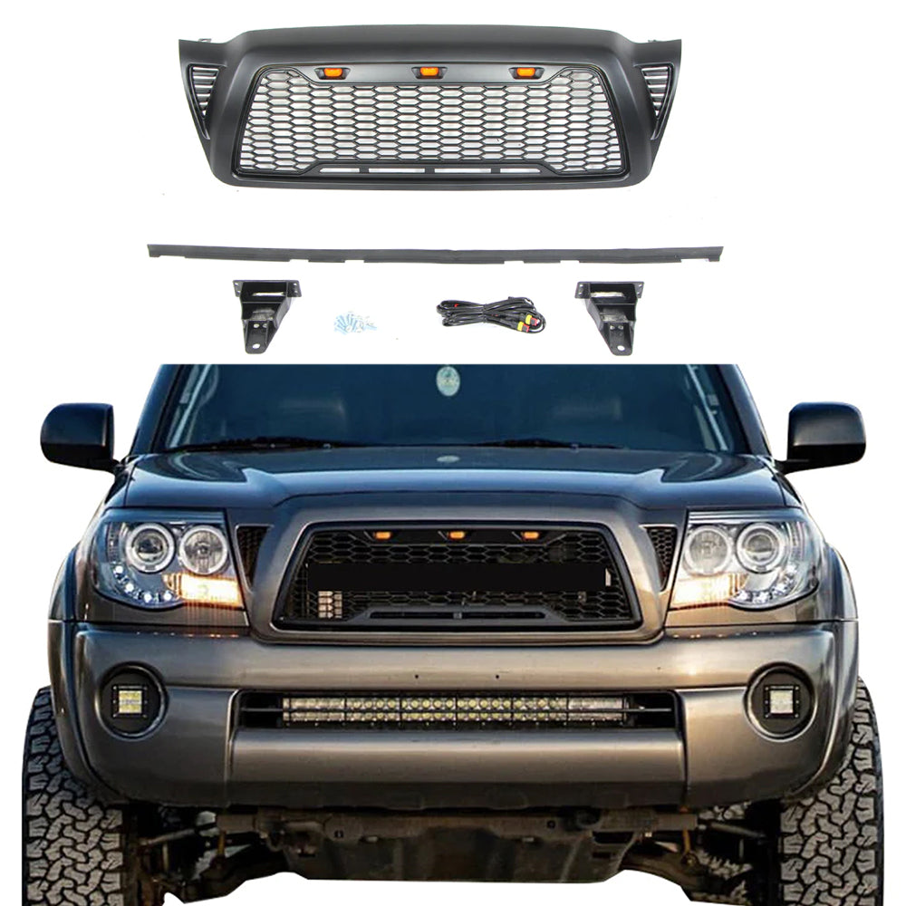 Front Grille For 2005-2011 Toyota Tacoma Bumper Grills Grill Cover W/3 Light and Side Light Black