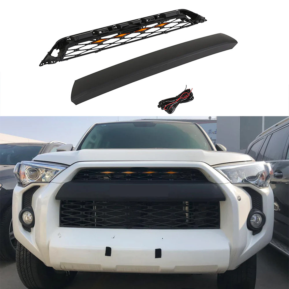Front  Grille For 2020 2021 2022 4Runner TRD Pro Bumper Grills Grill Cover W/4 LED Lights Black