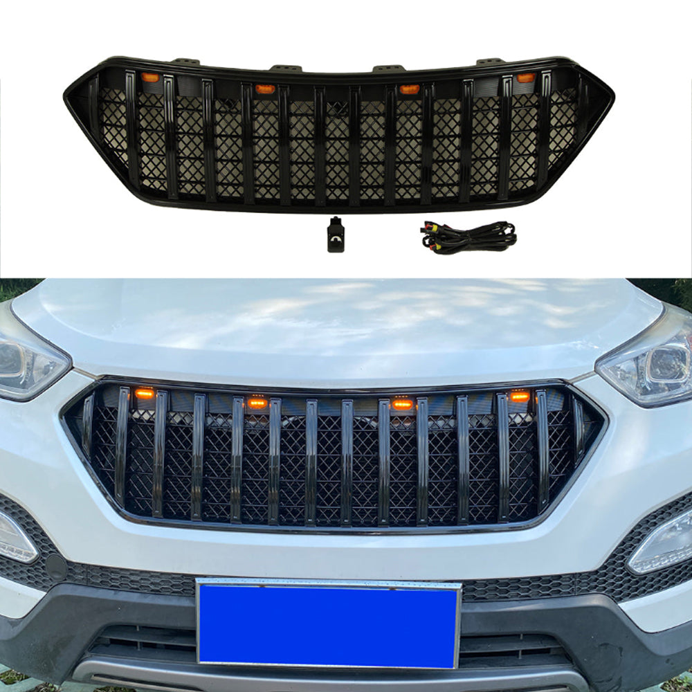 Front Grille For 2013 2014 2015 2016 Hyundai Santa Fe Bumper Grills Grill Cover W/3 Light Black