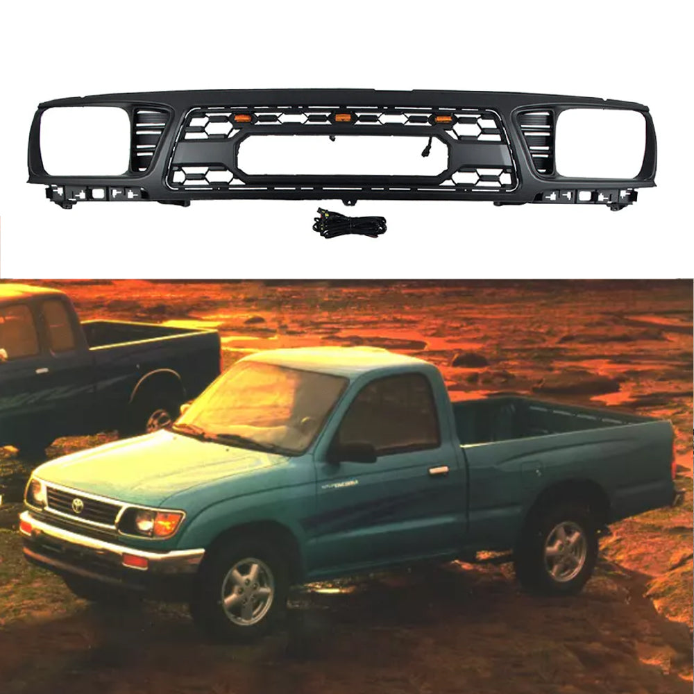 Front Grille For 1995-1997 Toyota Tacoma TRD Bumper Grills Grill Cover W/3 LED Light Black