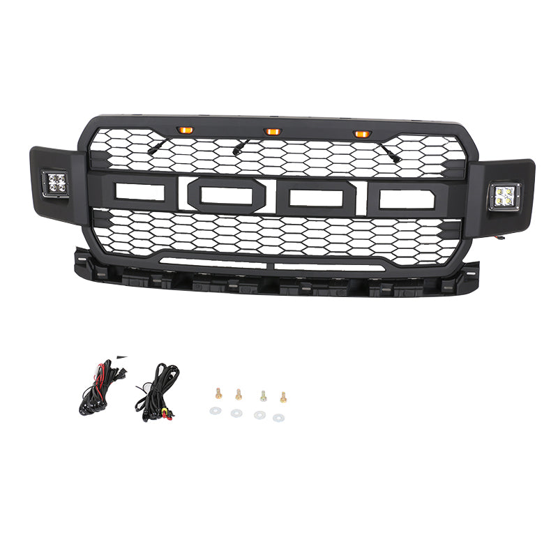 Front Grille For 2018 2019 2020 Ford F150 Mesh Grills Grill Cover Wi/3 Lights and 2 Side Light Black
