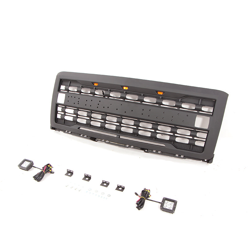 Front Grille for 2014-2015 Chevrolet Silverado 1500 Grills Grill Cover W/3 LED Lights and Cube Lights Black
