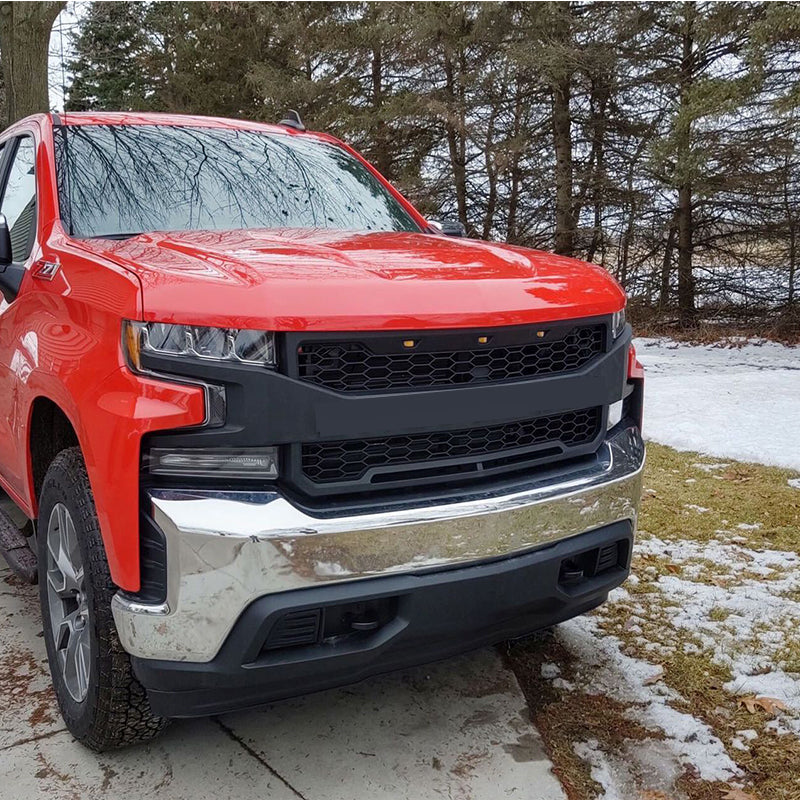 Front Grille for 2019-2021 Chevy Chevrolet Silverado 1500 Bumper Grills Grill Cover W/3 LED Light Black