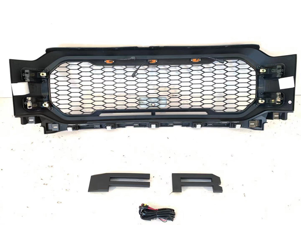 Front Grille For 2021 Ford F150 Raptor Style Bumper Grills Grill Cover W/3 LED Light Black