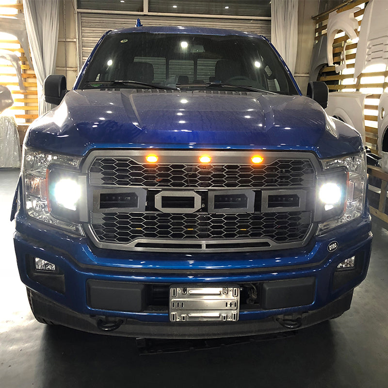 Front Grille For 2018 2019 2020 Ford F150 Mesh Grills Grill Cover Wi/3 Lights and 2 Side Light Black
