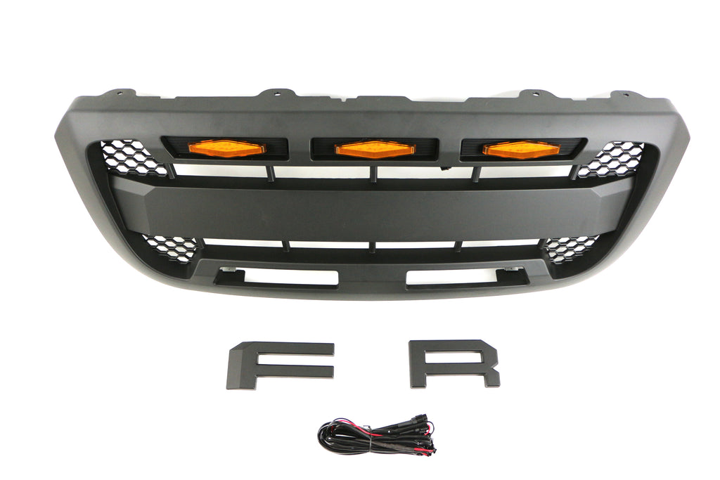 Front Grille For 2004 2005 2006 2007 2008 2009 2010 2011 Ford Ranger Bumper Grills Grill Cover W/3 LED Light Black