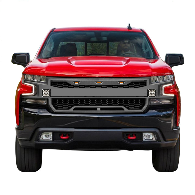 Front Grille For 2019 Chevrolet Silverado 1500 Bumper Grills Grill Cover W/3 LED Lights Black