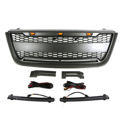 Front Grille For 2003 2004 2005 2006 Ford Expedition Bumper Grills Grill Cover W/3 LED Lights and Light Bar Black