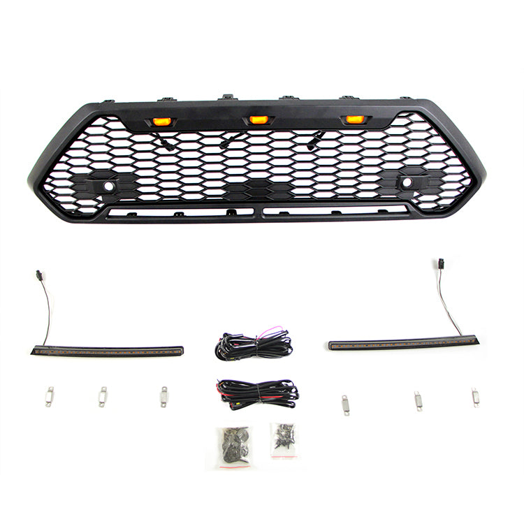 Front Grille For 2020 Toyota RAV4 Bumper Grills Grill Cover W/3 LED Lights&Light Bar Black