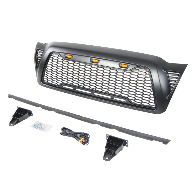 Front Grille For 2005-2011 Toyota Tacoma Bumper Grills Grill Cover W/3 Light and Side Light Black