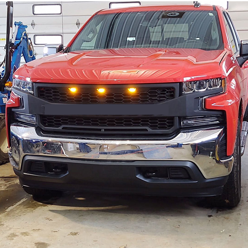 Front Grille for 2019-2021 Chevy Chevrolet Silverado 1500 Bumper Grills Grill Cover W/3 LED Light Black