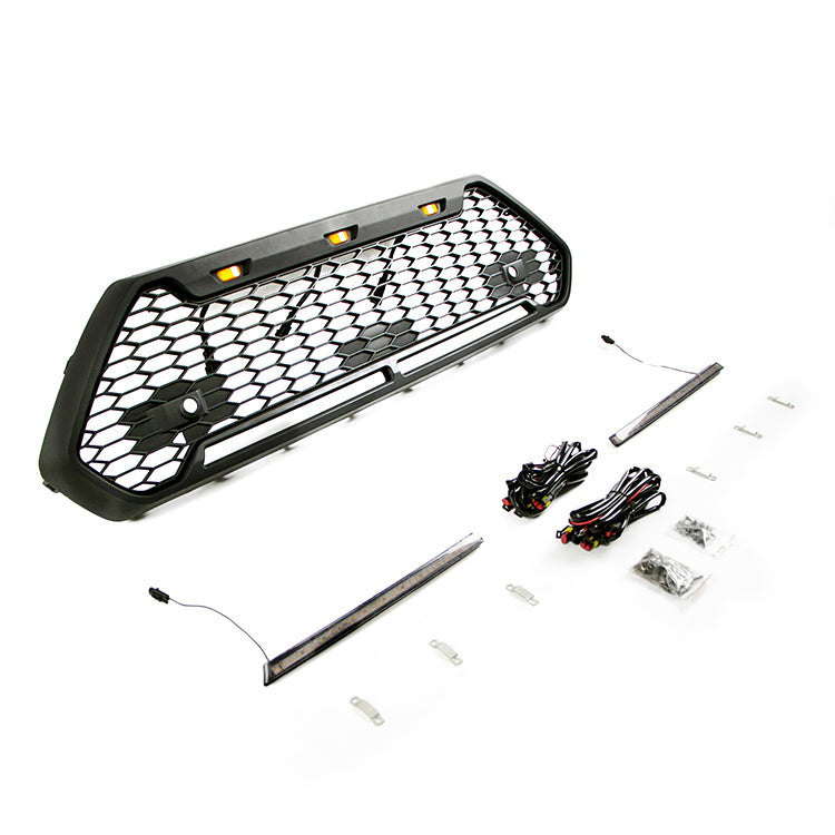 Front Grille For 2020 Toyota RAV4 Bumper Grills Grill Cover W/3 LED Lights&Light Bar Black