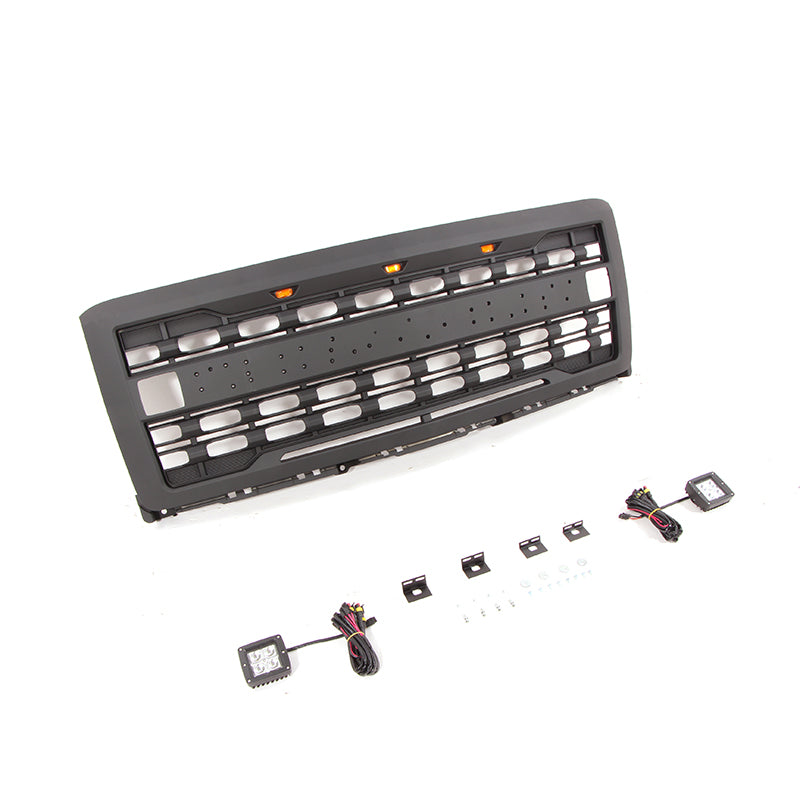 Front Grille for 2014-2015 Chevrolet Silverado 1500 Grills Grill Cover W/3 LED Lights and Cube Lights Black